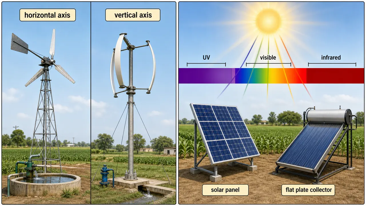 Wind and solar energy basics showing horizontal and vertical axis windmills, solar radiation bands, and common farm solar devices