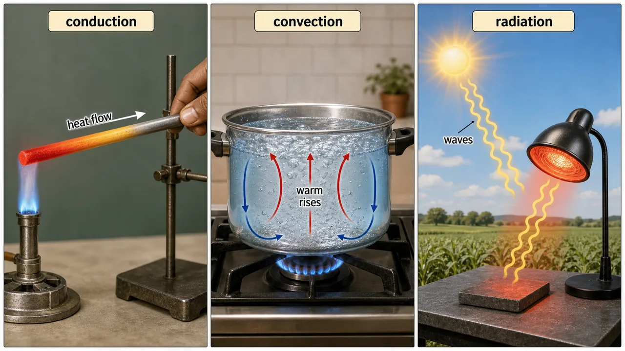Conduction, convection, and radiation comparison showing heat transfer through a rod, boiling water currents, and heat waves from a source