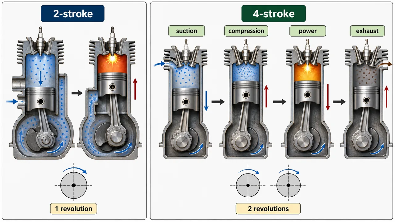 Two-stroke and four-stroke engine cycle comparison showing piston movement, named strokes, and crank revolutions
