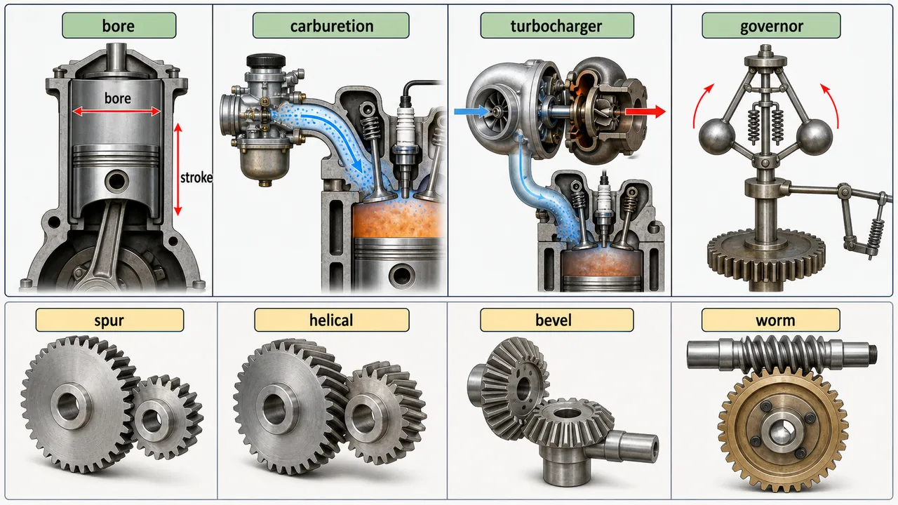 Engine terms and gear applications board showing bore, stroke, carburetion, turbocharger, governor, and common gear types