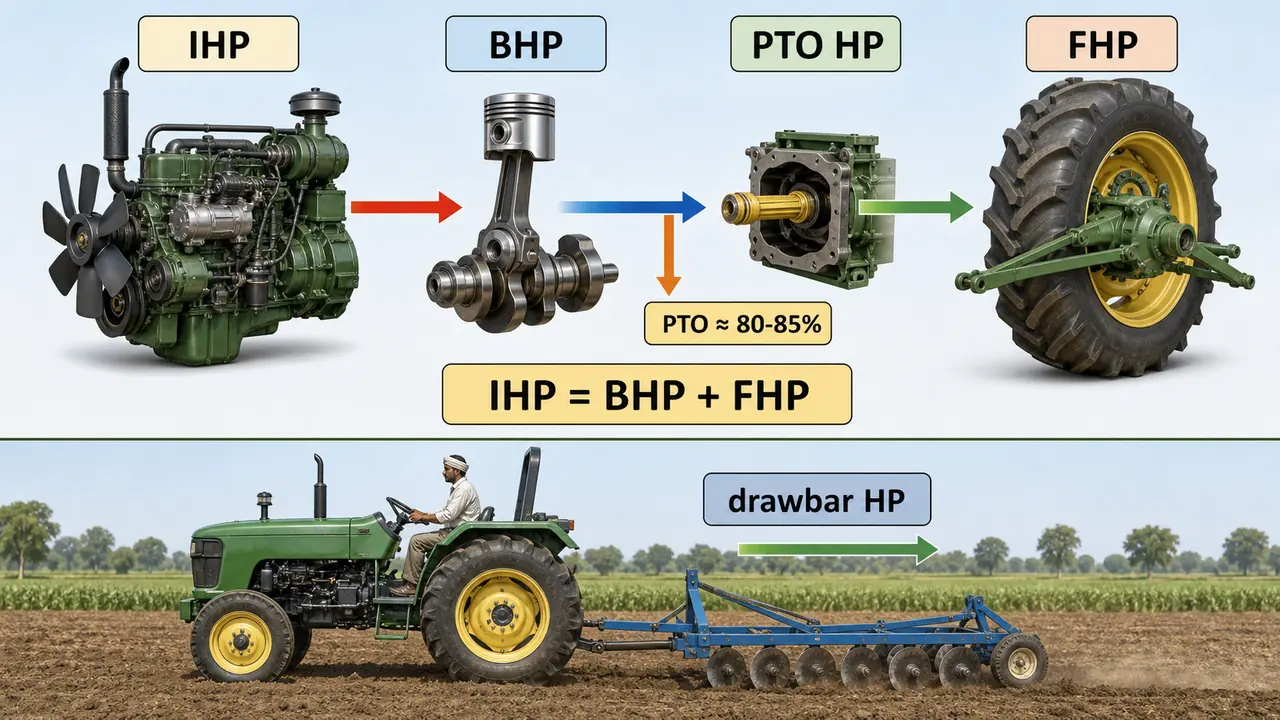 Horsepower relationships in tractor engines showing IHP, BHP, PTO horsepower, friction loss, and drawbar horsepower