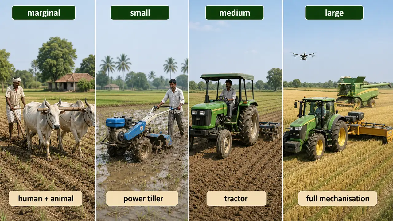 Farm size and mechanisation guide showing marginal, small, medium, and large farms matched with animal power, power tiller, tractor, and full mechanisation
