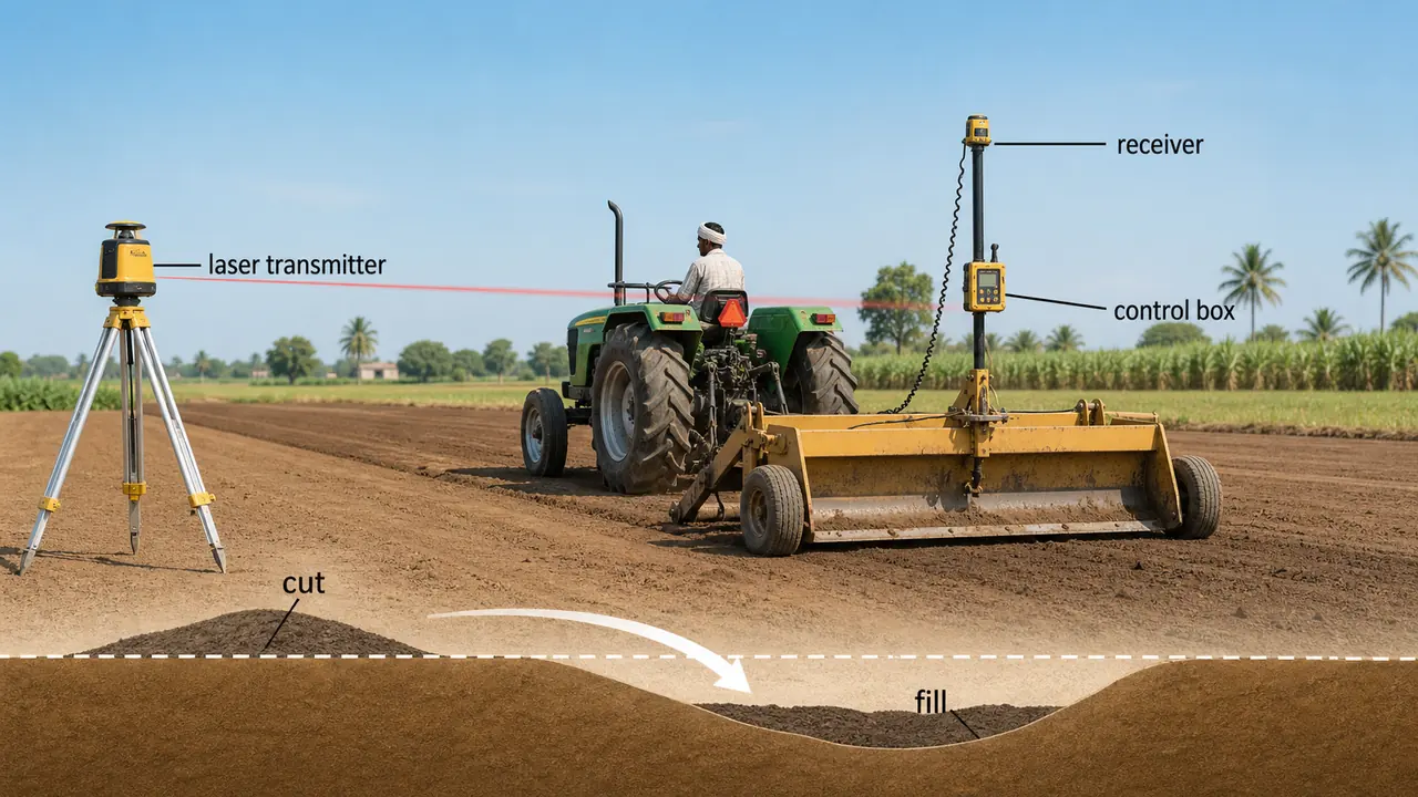 Laser land leveling setup showing transmitter, receiver, control box, and cut-fill soil movement for irrigation leveling