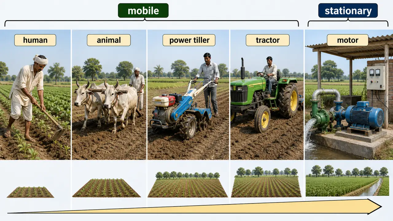 Forms of farm power in agriculture showing human, animal, power tiller, tractor, and stationary electric motor use