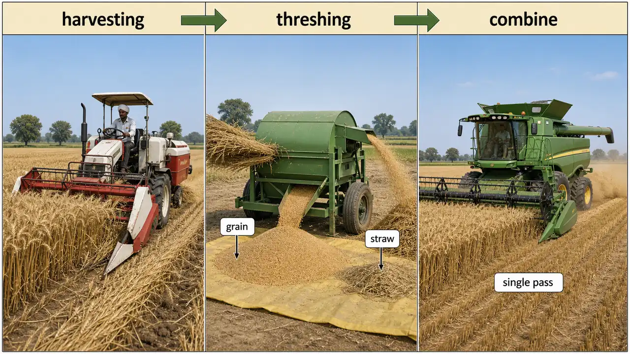 Harvesting, threshing, and combine comparison showing separate harvesting and threshing steps versus combine single-pass operation