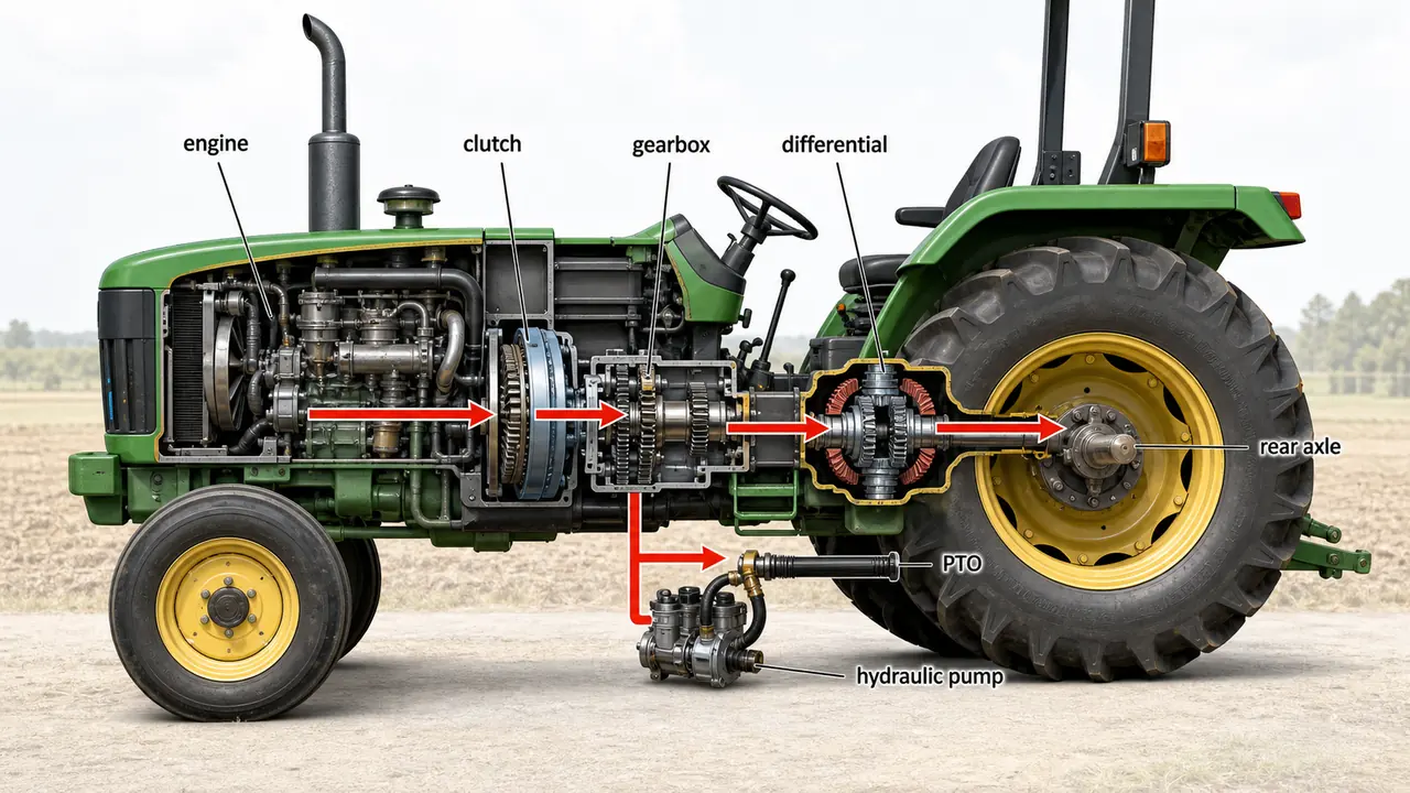 Tractor power flow diagram showing engine, clutch, gearbox, differential, rear axle, PTO, and hydraulic pump