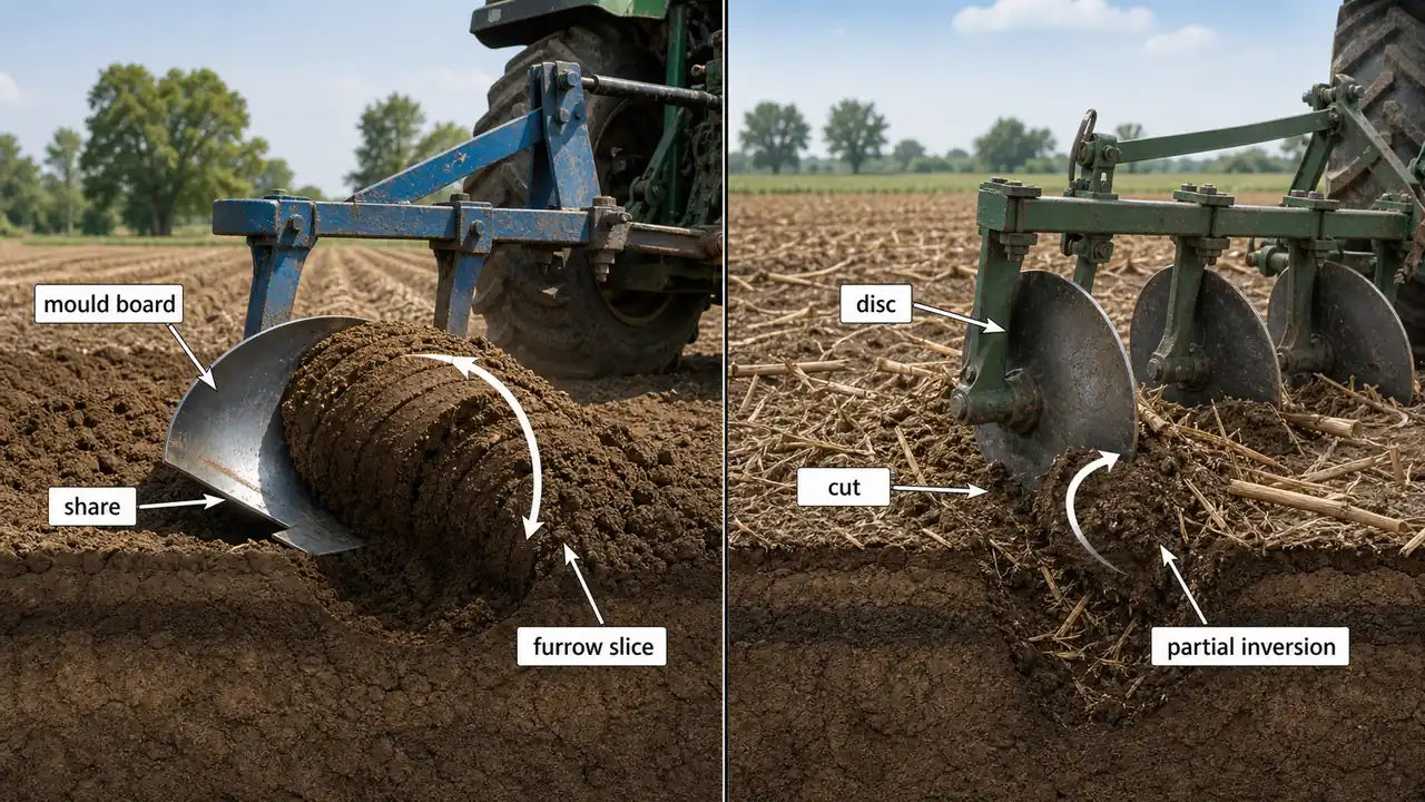 Mould board plough and disc plough comparison showing complete furrow inversion versus partial soil turning