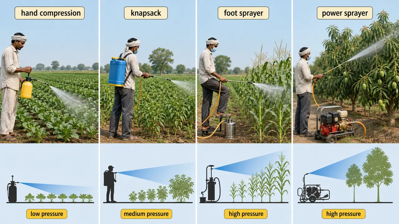 Comparison of hand compression, knapsack, foot sprayer, and power sprayer showing how pressure changes spray reach and crop suitability