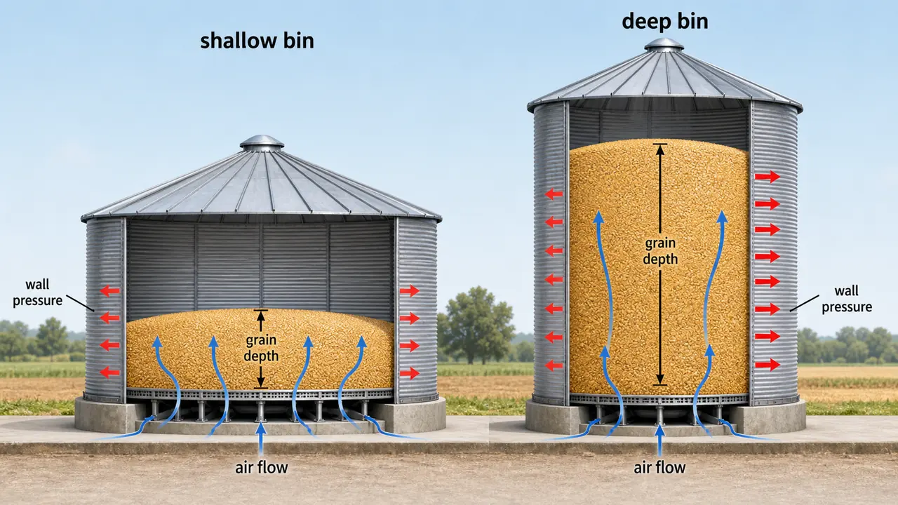 Shallow bin and deep bin comparison showing grain depth, airflow path, and wall pressure in grain storage structures