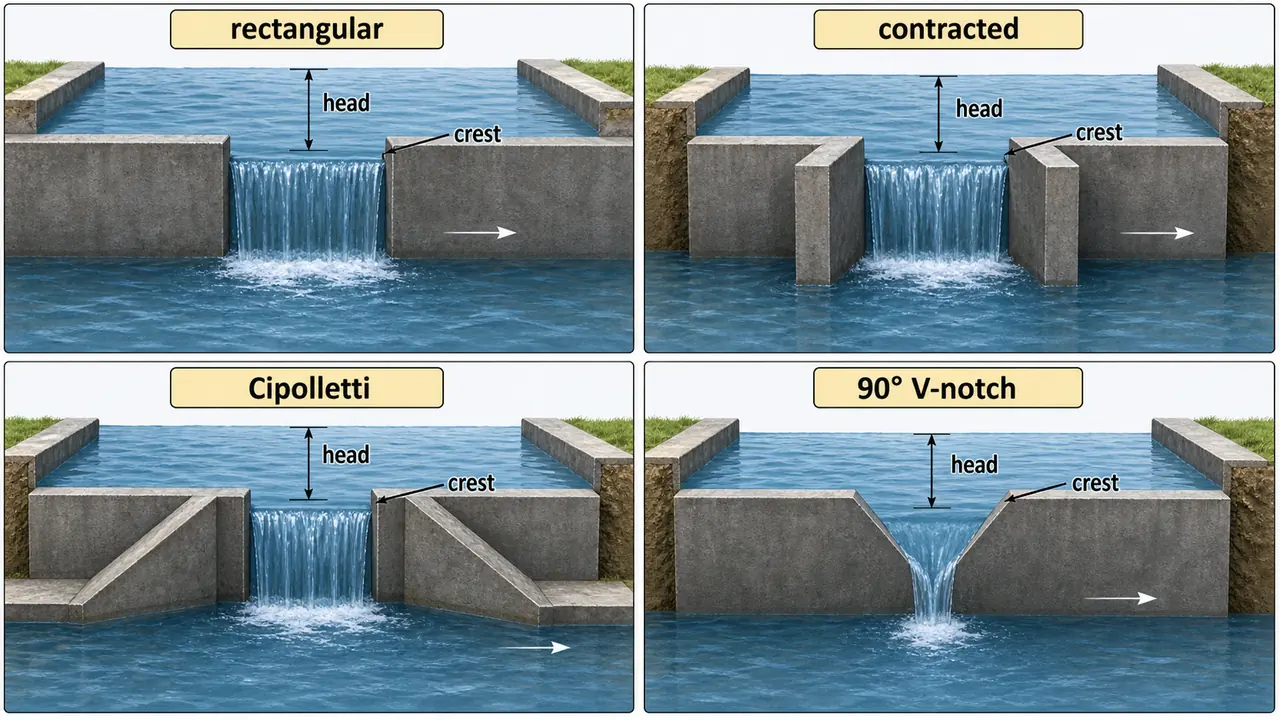 Rectangular, contracted rectangular, Cipolletti, and 90 degree V-notch weir comparison showing crest shape and head measurement