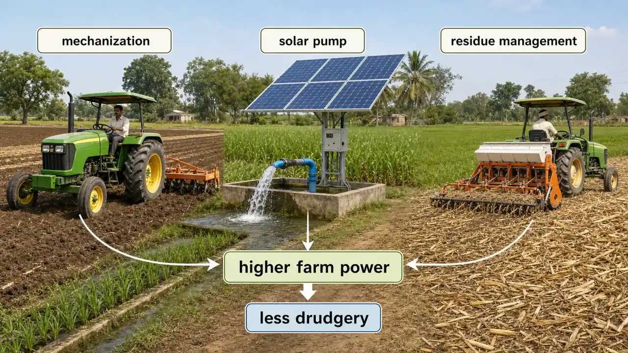 Farm mechanization and clean energy overview showing tractor-based mechanization, solar irrigation pump, and residue management in agricultural engineering
