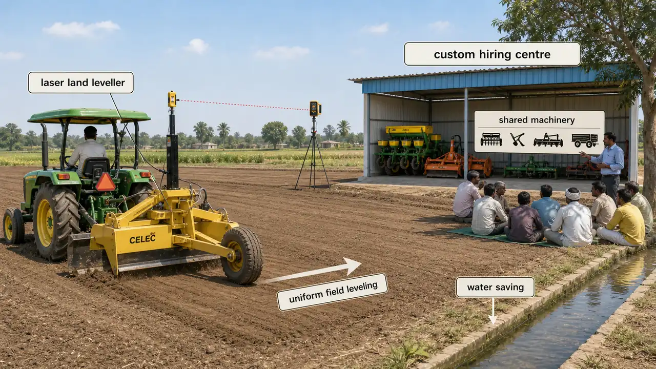 SMAM concept visual showing laser land leveller use, shared machinery through a custom hiring centre, and uniform field leveling