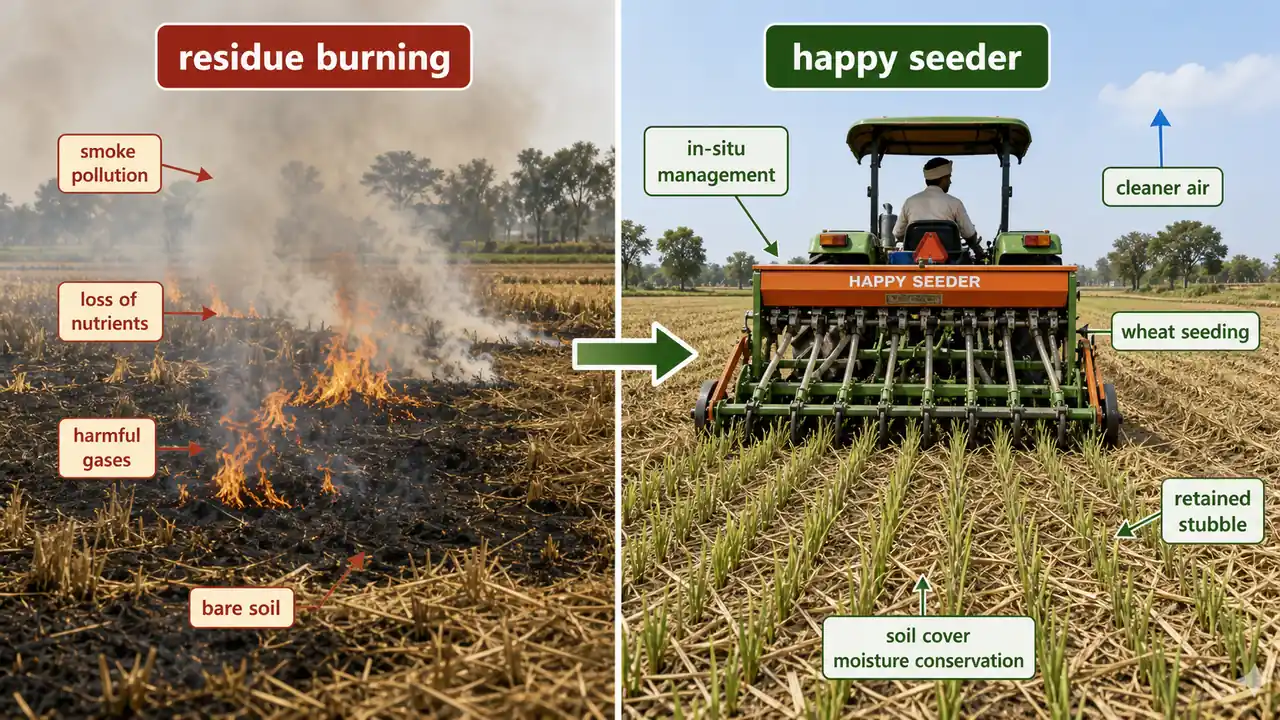 Crop residue management comparison showing residue burning versus happy seeder based in-situ wheat seeding into retained stubble