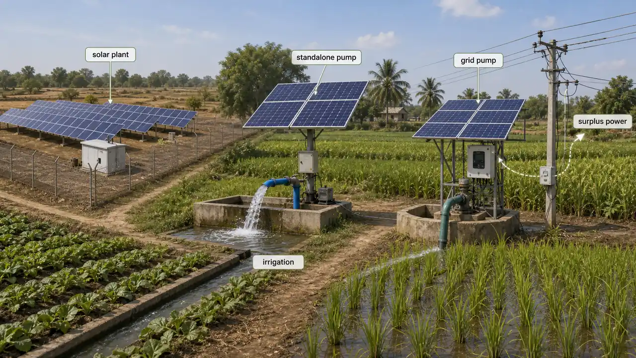 PM KUSUM components showing solar power plants, standalone solar irrigation pump, and grid-connected solarized pump