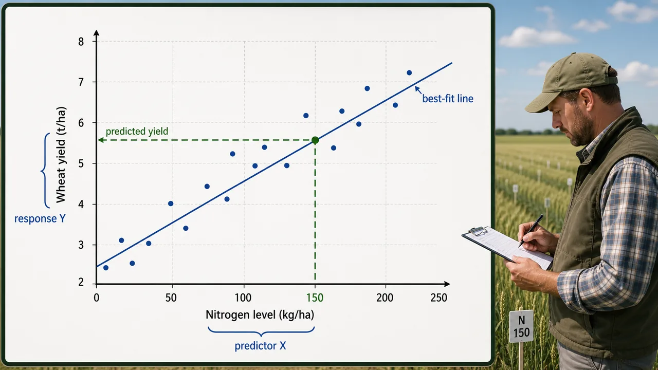 Regression prediction overview showing nitrogen as predictor and wheat yield as response in an agricultural field study