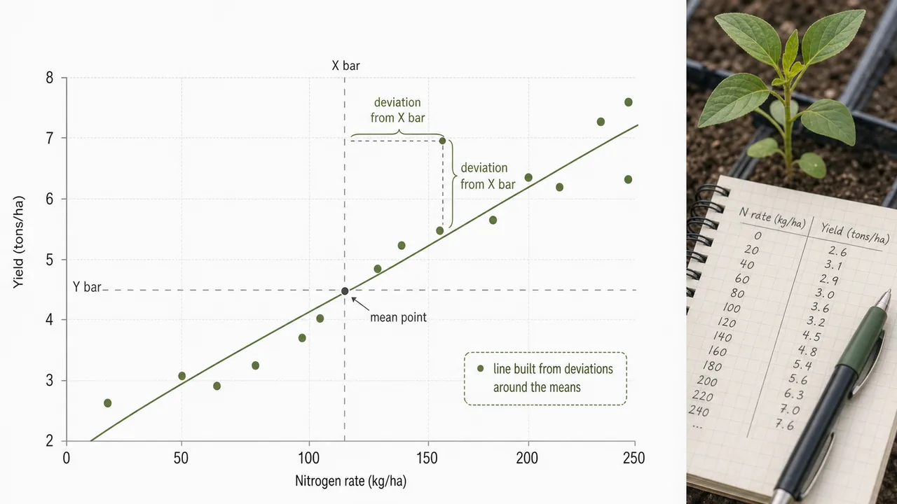 Regression deviation method in agricultural statistics showing mean lines, the mean point, and a fitted line built from deviations