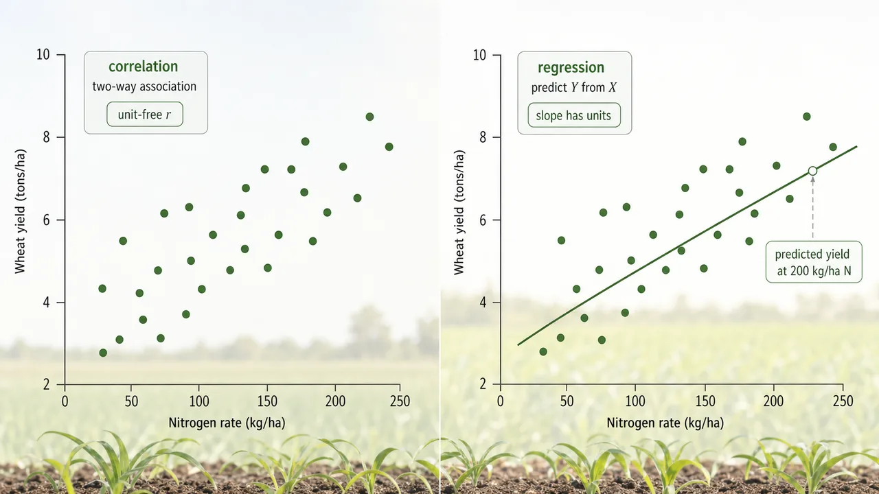Difference between correlation and regression in agricultural statistics showing association on one side and prediction from X to Y on the other