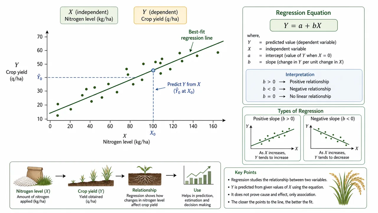 Regression cheat sheet diagram for agricultural statistics with scatter plots, best-fit lines, and the equation Y equals a plus bX