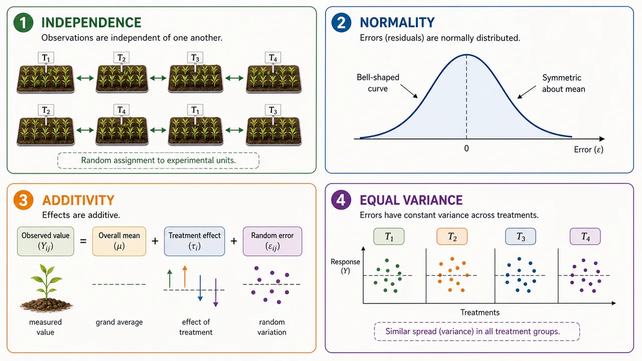 ANOVA assumptions diagram showing independence, normality, additivity, and equal variance in agricultural experiments