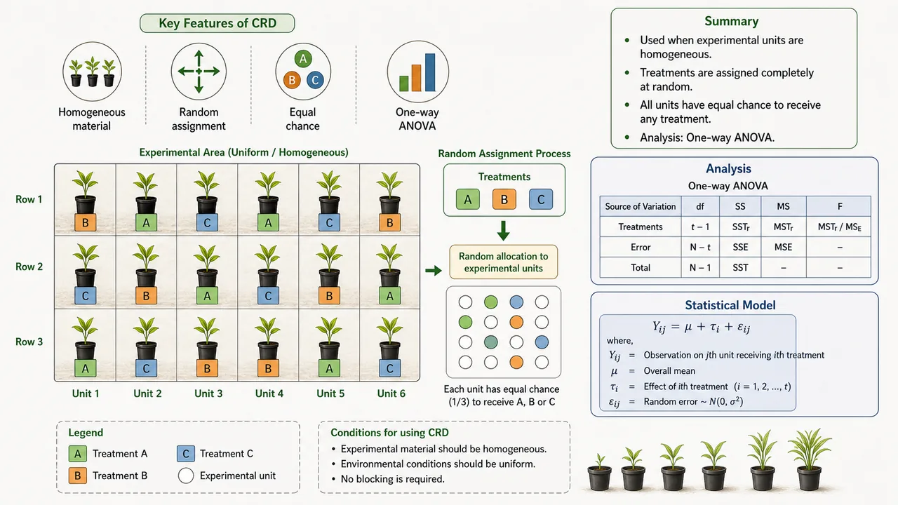 Completely randomised design cheat sheet diagram showing homogeneous experimental units, random treatment allocation, and one-way agricultural analysis