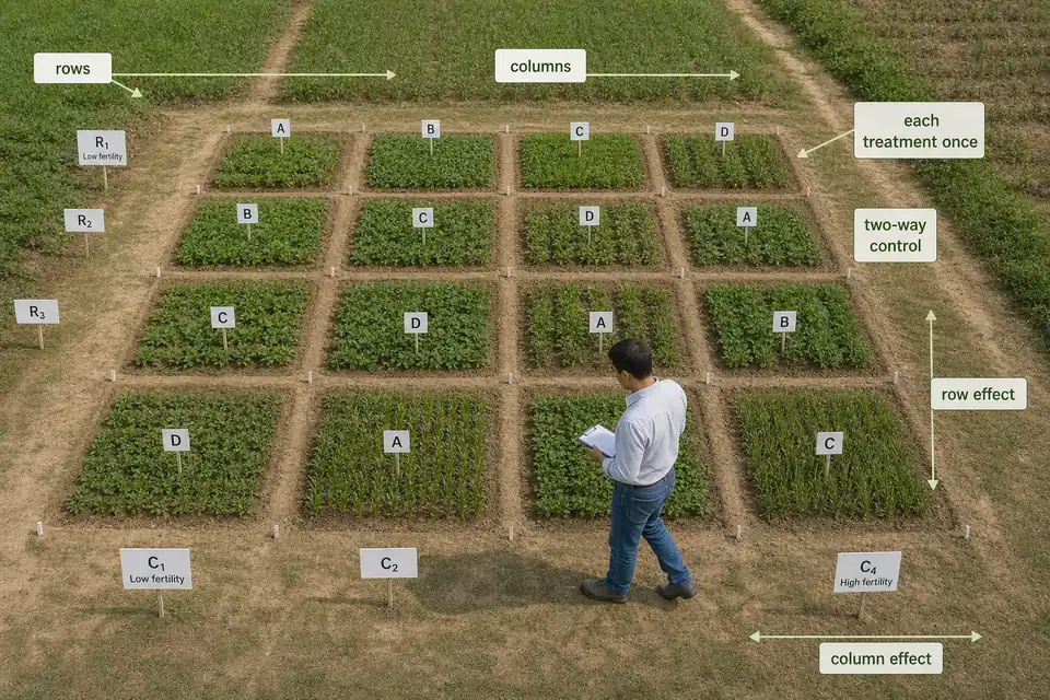 Latin square field layout showing row and column control in an agricultural experiment