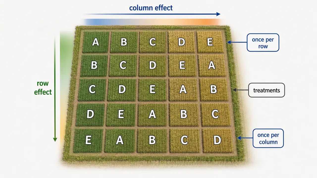 Latin square design controlling row and column effects so each treatment appears once per row and once per column