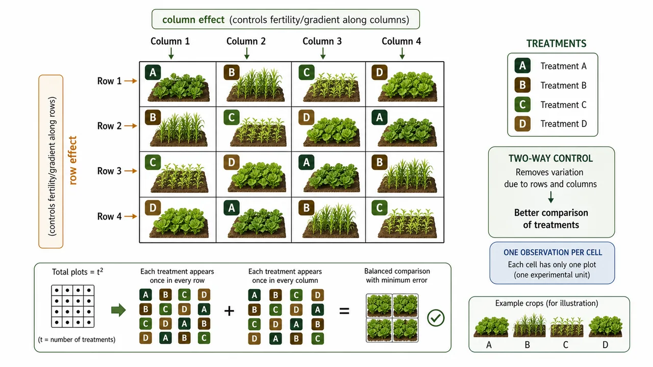 Latin square design cheat sheet diagram showing treatments appearing once per row and once per column with two-way control