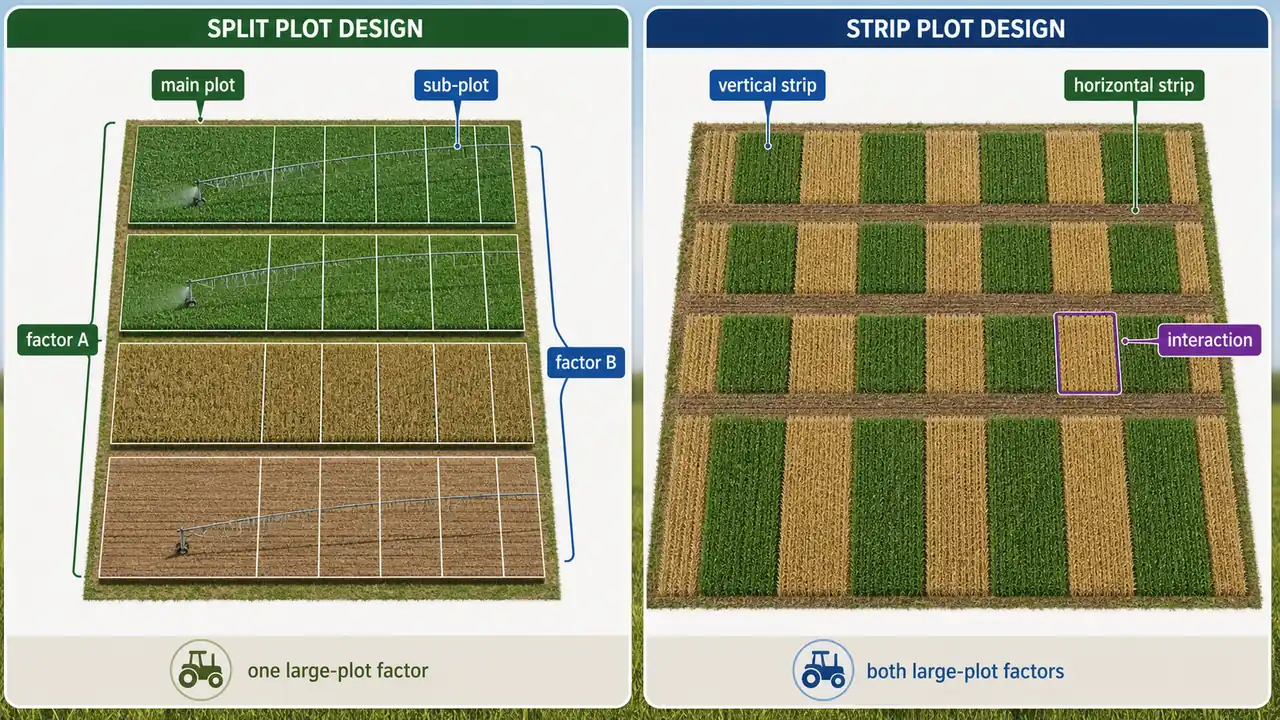 Comparison of split plot design and strip plot design in agricultural experiments