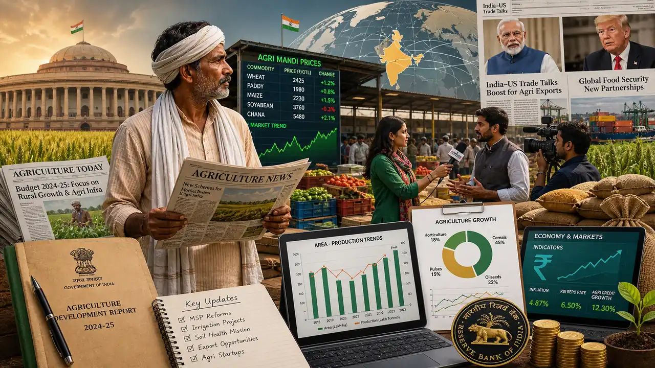 Agriculture current affairs visual showing crops, dairy, poultry, fisheries, irrigation and farm data review