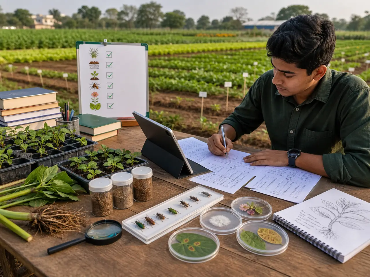 Agriculture topic-wise practice visual showing a student solving subject-wise test sheets with crop, soil, pest and plant samples