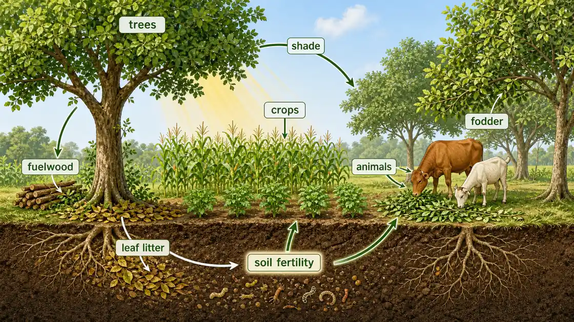 Agroforestry system showing trees, crops, animals, shade, fodder, fuelwood, and soil fertility links on the same farm