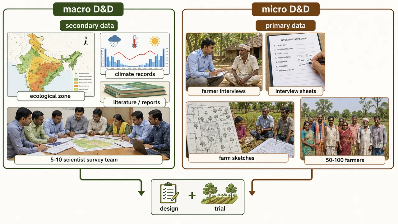 Diagnosis and Design workflow comparing macro D and D with secondary data at ecological-zone level and micro D and D with primary farmer surveys leading to design and on-farm trial
