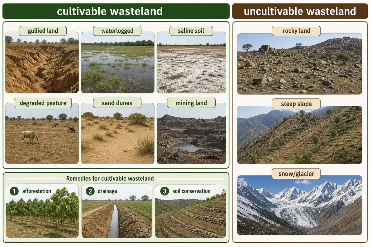Wasteland classification board comparing cultivable wastelands such as gullied, saline, waterlogged, degraded pasture, sand dunes, and mining land with uncultivable rocky, steep, and snow covered land