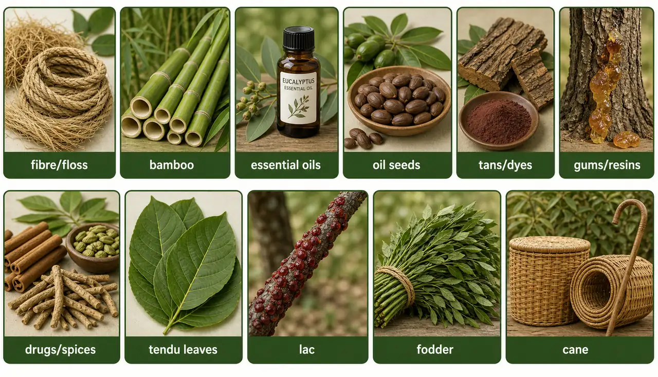 Non-timber forest product board showing fibre and floss, bamboo, essential oils, oil seeds, tans and dyes, gums and resins, drugs and spices, tendu leaves, lac silk honey, and fodder cane categories