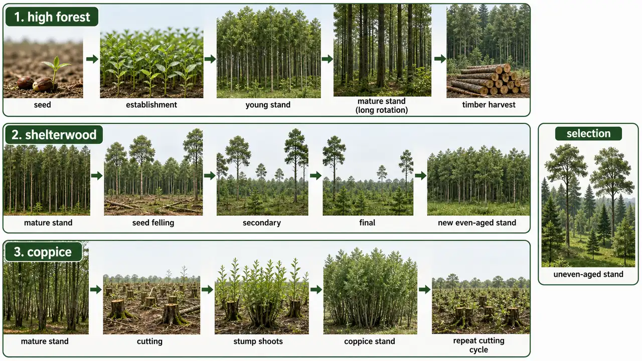 Silvicultural systems board comparing high forest regeneration from seed, shelterwood stages, selection system, and coppice regeneration from stump shoots