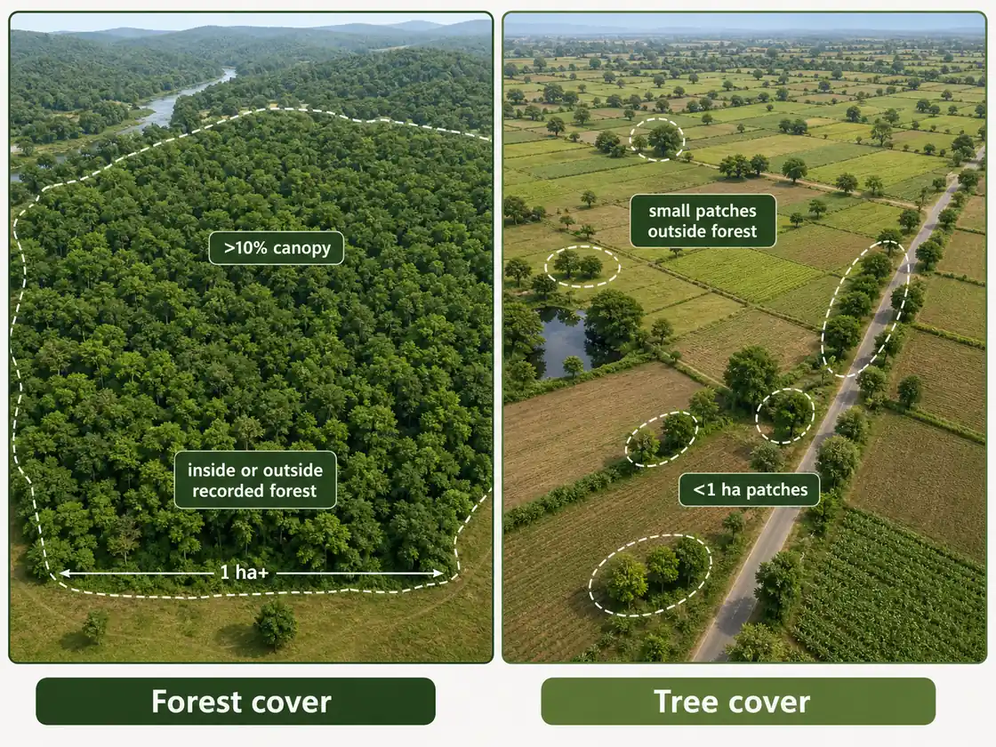 ISFR 2023 lesson visual comparing forest cover with tree cover outside forests for agriculture exam preparation