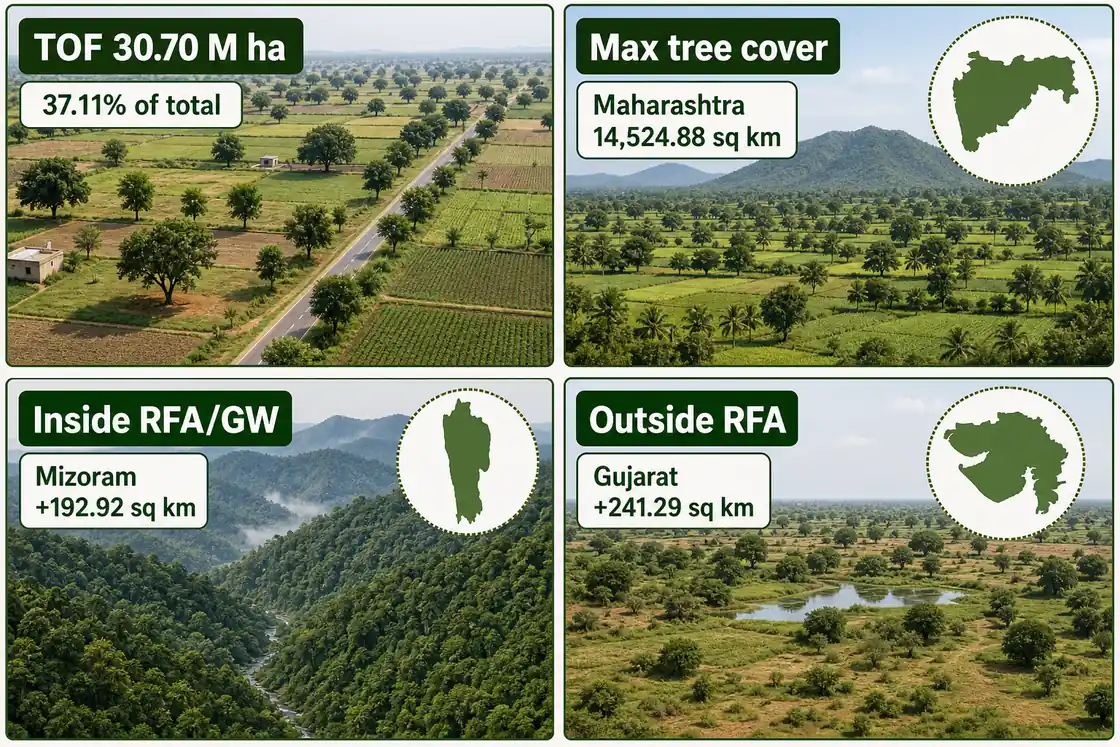 ISFR 2023 visual showing TOF extent, Maharashtra as top tree-cover state, Mizoram inside RFA gain, and Gujarat outside RFA gain