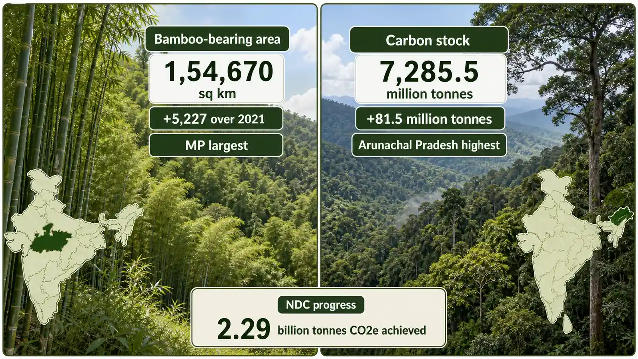 ISFR 2023 bamboo area and forest carbon stock visual with Madhya Pradesh and Arunachal Pradesh state cues