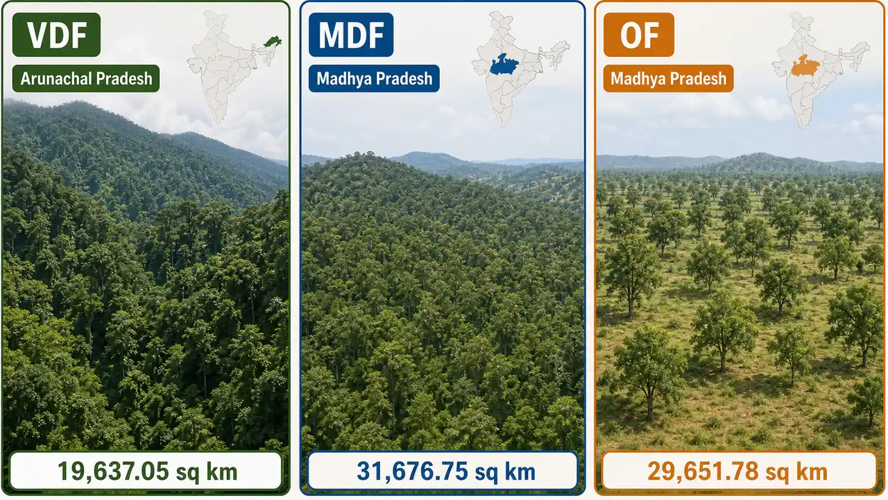 ISFR 2023 category-wise state leaders visual for very dense forest, moderately dense forest, and open forest area