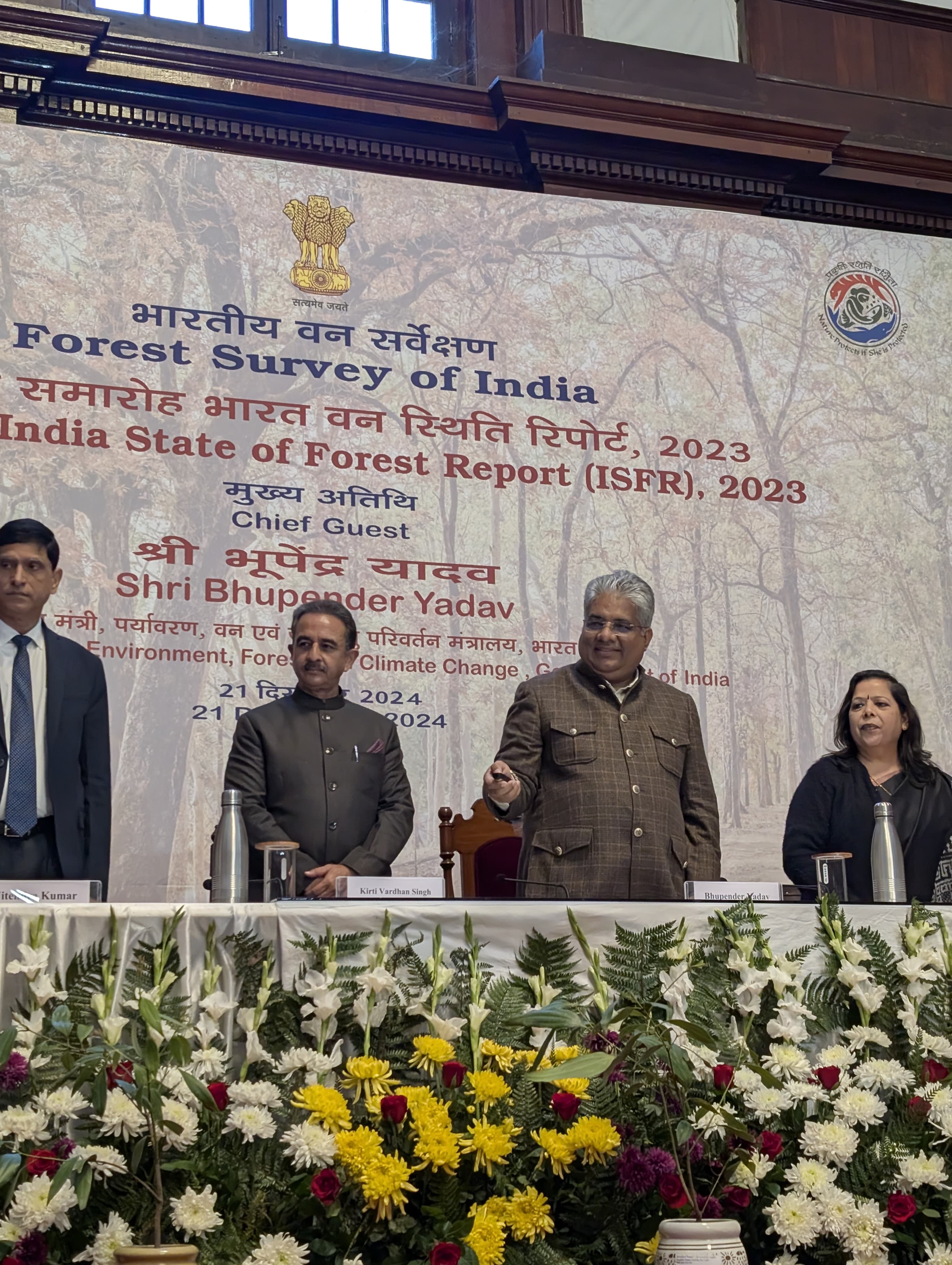 Union Minister Bhupender Yadav releasing India State of Forest Report 2023 at Forest Research Institute, Dehradun