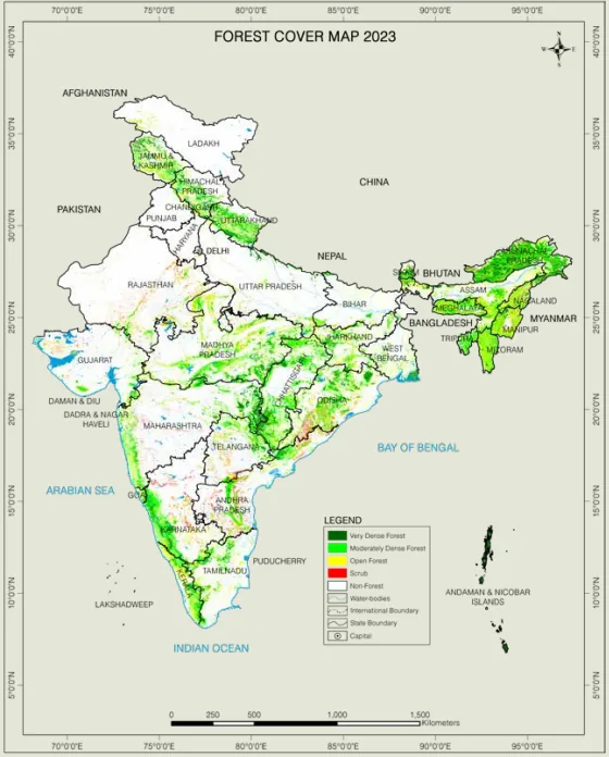 India forest cover map 2023 showing very dense, moderately dense, open forest, scrub, and non-forest regions