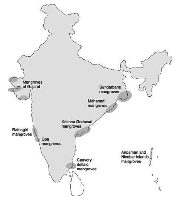 Map showing distribution of mangroves across India's coastline