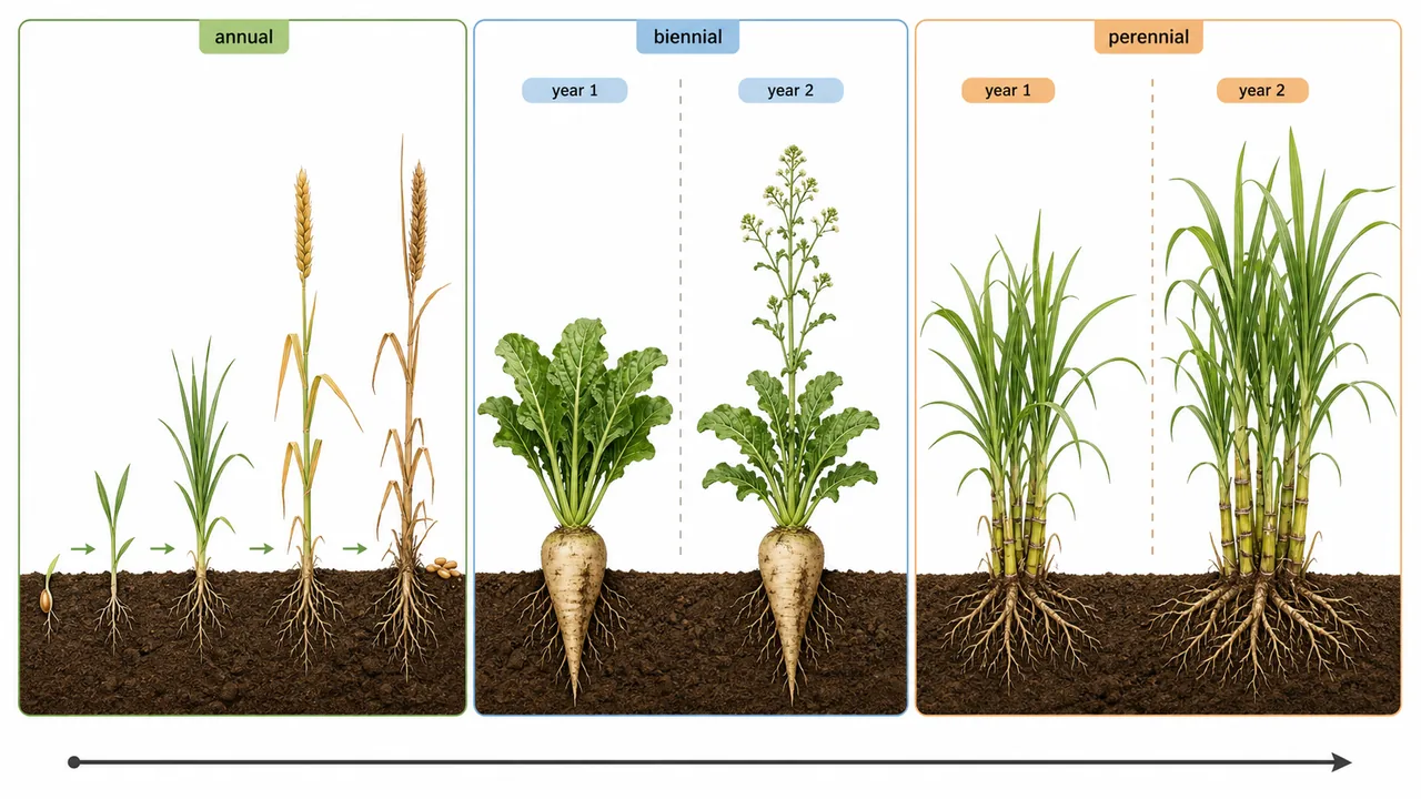 Annual, biennial, and perennial crop life cycles shown with wheat, sugar beet, and sugarcane examples