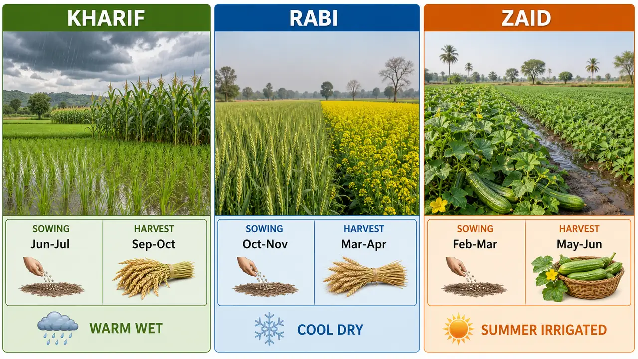 Kharif, Rabi, and Zaid crop seasons in India with sowing and harvest windows