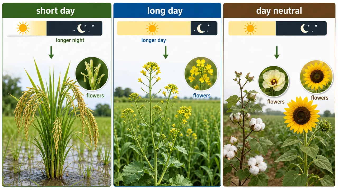 Short-day, long-day, and day-neutral crop flowering response to day length