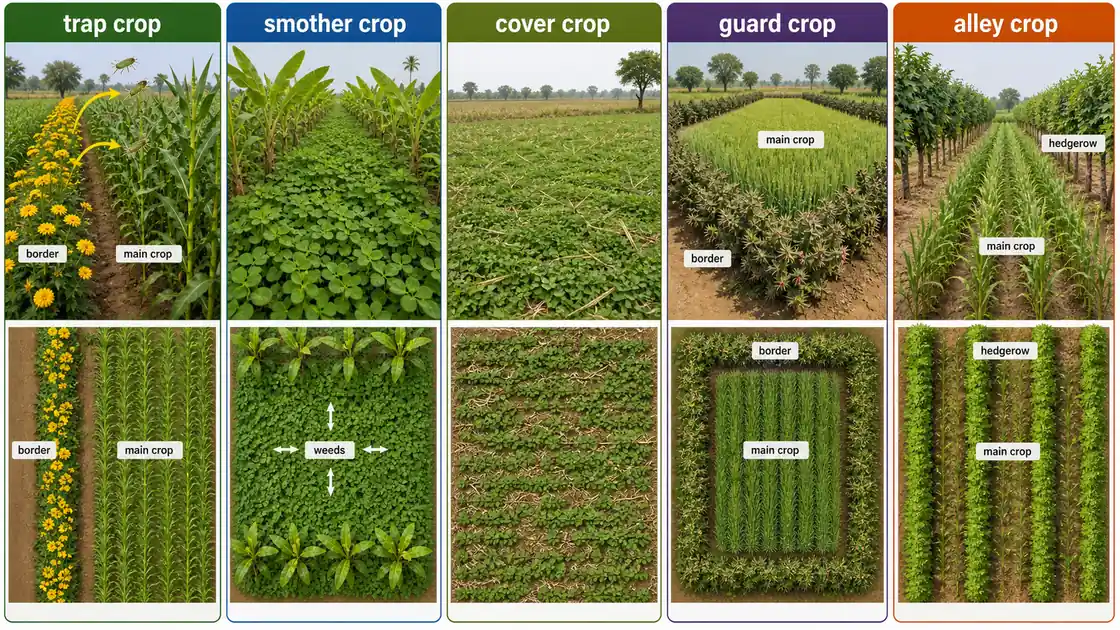 Special-purpose crop roles in agronomy showing trap, smother, cover, guard, and alley crop layouts