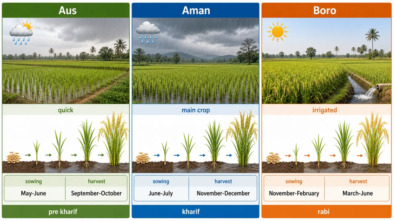 Aus, Aman, and Boro rice seasons showing sowing and harvest windows in India