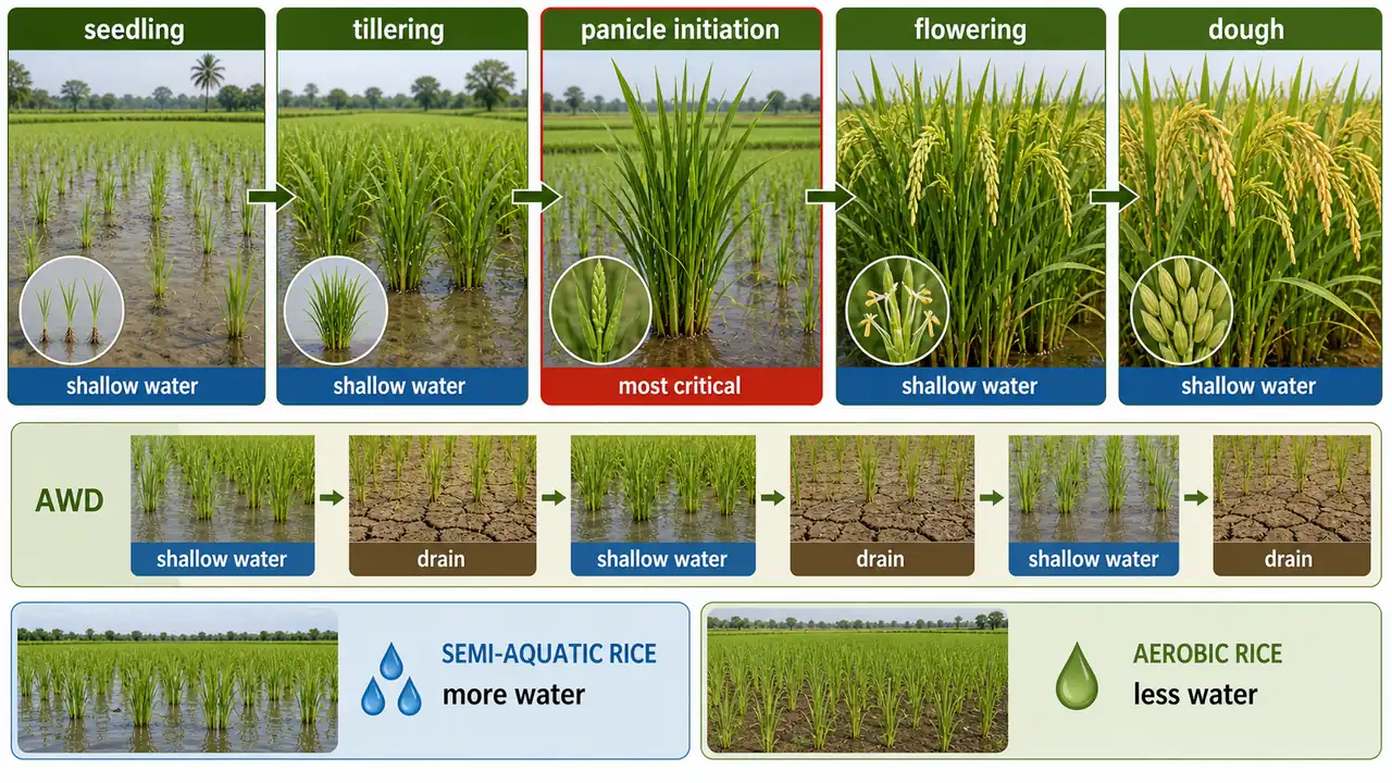 Rice water management stages showing seedling, tillering, panicle initiation, flowering, dough, and alternate wetting and drying