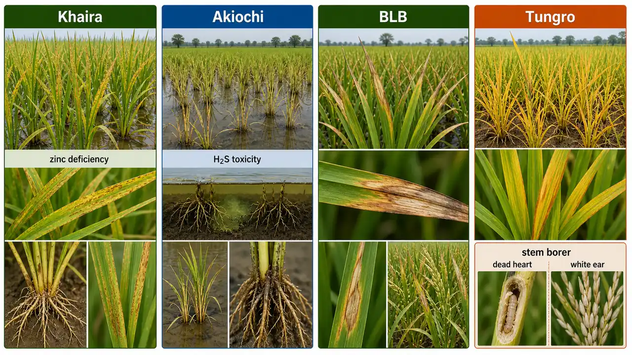 Rice diagnostic comparison showing Khaira, Akiochi, bacterial leaf blight, Tungro, and stem borer injury