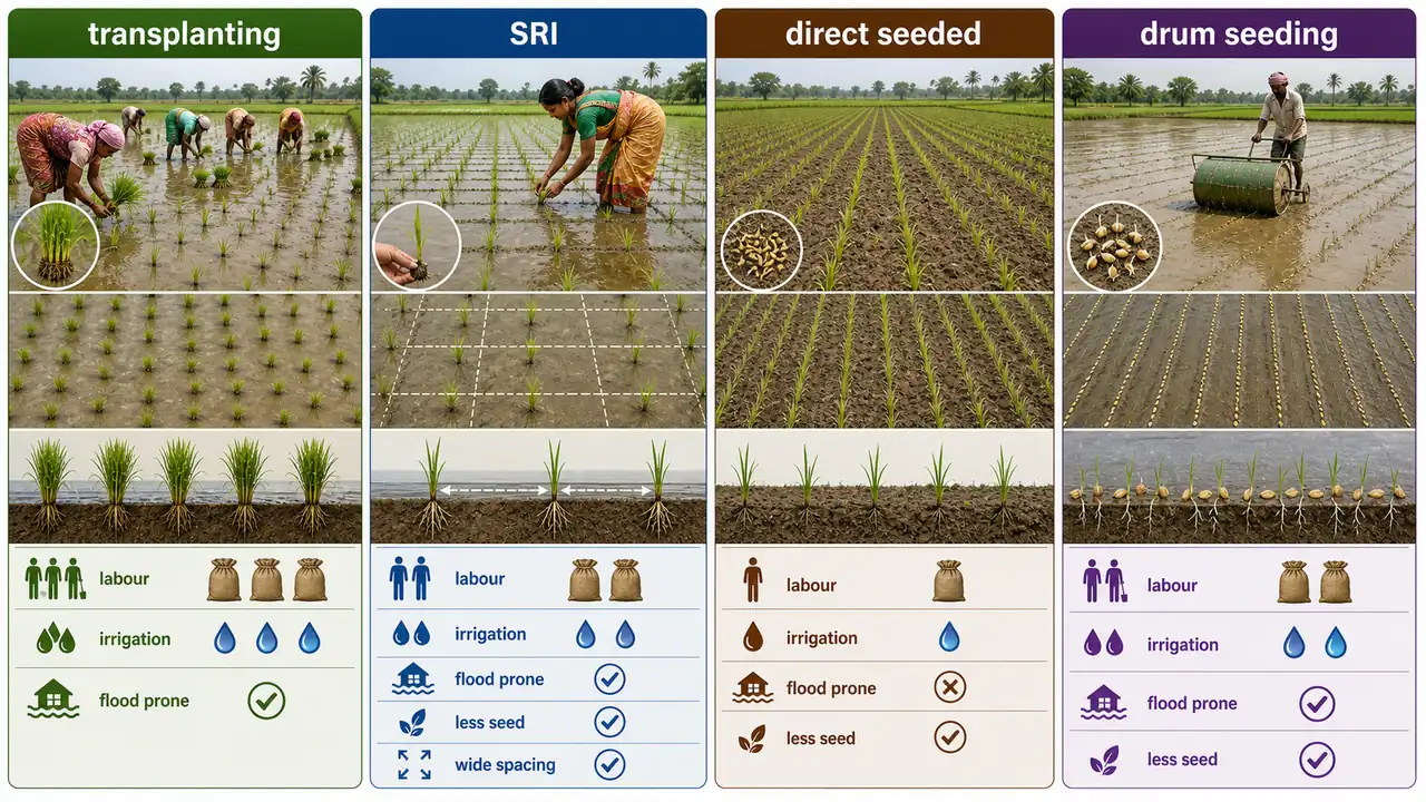Rice establishment methods comparison showing transplanting, SRI, direct seeded rice, and drum seeding